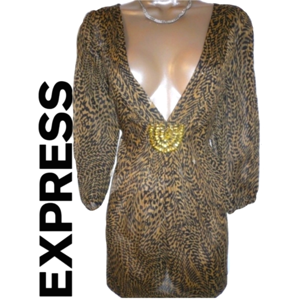 NWT $80 Express Beaded Dress Cover-up Tunic Blouse Top Gold Animal Print Bebe